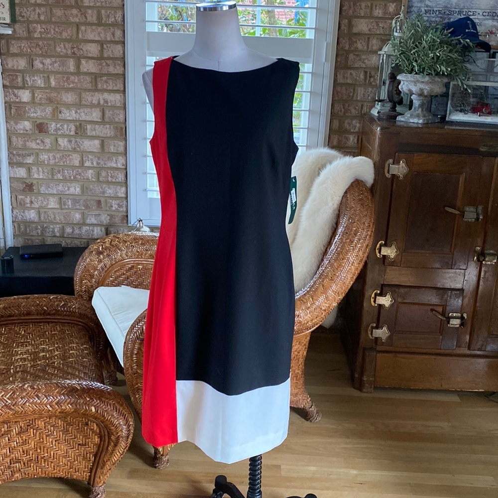LAUREN Ralph Lauren COLORBLOCK SLEEVELESS DRESS BLACK/IVORY/RED 14 NEW
